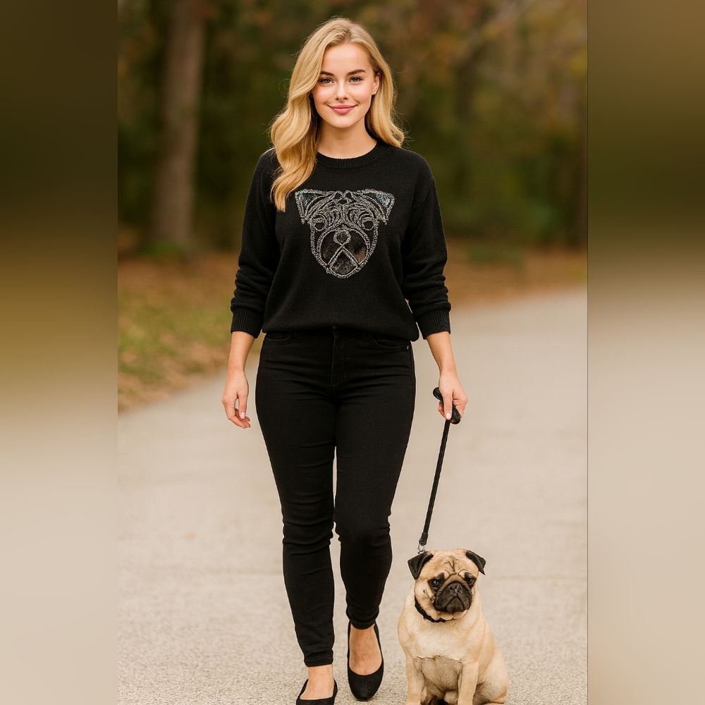 H&M Alpaca Blend Black Sweater with Embellished Pug Design Size Large
